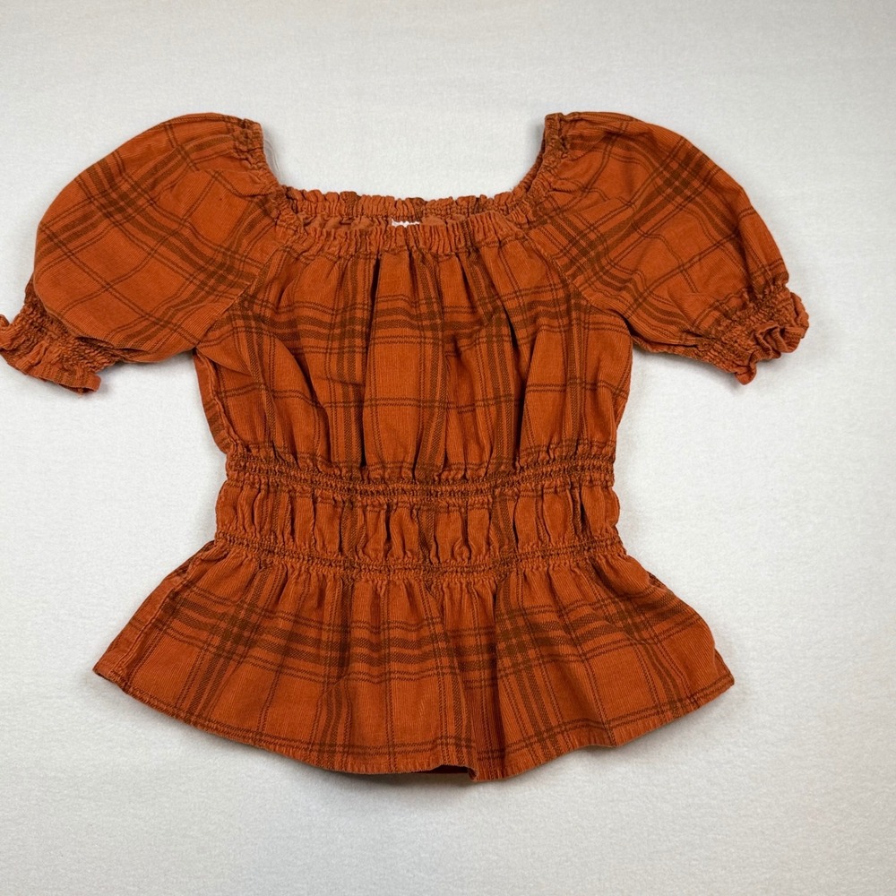Wonder Nation Girls Orange Plaid Corduroy Smocked Peplum Top Size M 7-8
